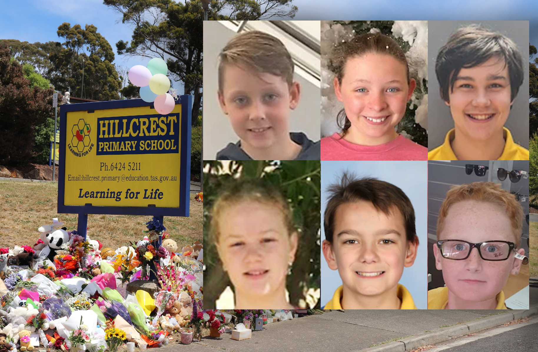 Composite image of six victims of jumping castle tragedy with school signage as background